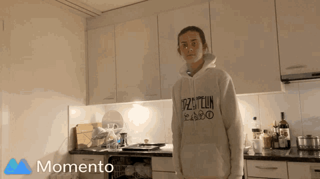 a woman wearing a hoodie that says led zeppelin on it