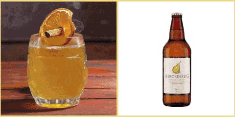 a bottle of rekorderlig sits next to a glass of it
