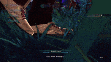 a man in a video game is holding a sword and says nemesis aura