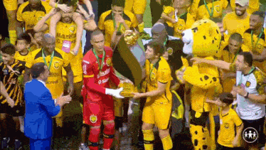 a group of soccer players in yellow uniforms are celebrating with a trophy