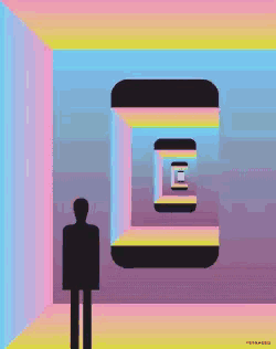 a man is standing in a room with a cell phone behind him
