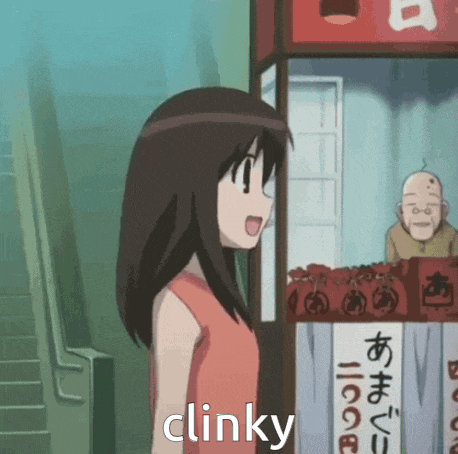 a girl in a red dress is standing in front of a store that says clinky on it