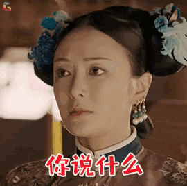 a woman with chinese writing on her face is wearing a bun with flowers in it .