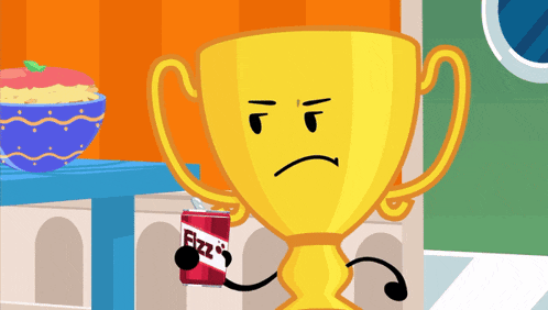 a yellow trophy with a sad face is holding a can of fizzy soda