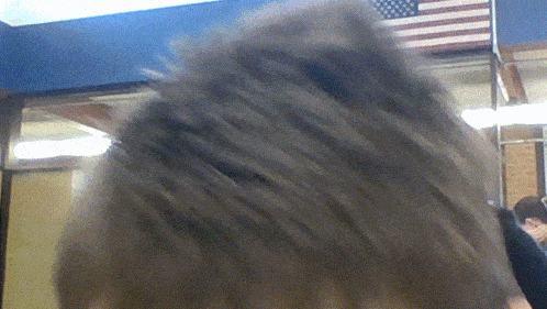 a close up of a person 's head with an american flag in the background