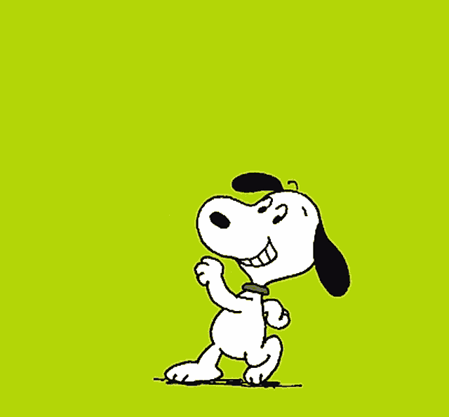 a cartoon drawing of snoopy standing on a green background