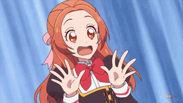 a cartoon girl with a surprised look on her face shows her hands up in the air
