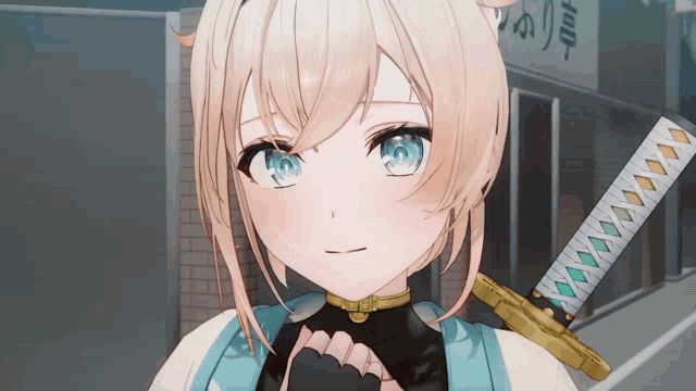 a blonde anime girl is holding a sword in front of a building with chinese writing on it