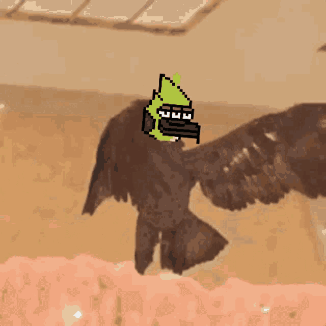 a pixel art drawing of a bird with a yellow hat on its head