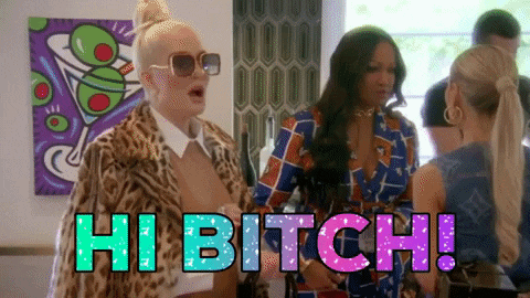 a woman in a fur coat and sunglasses says hi bitch while standing next to two other women .