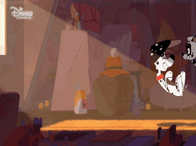 a dalmatian in a room with a disney logo