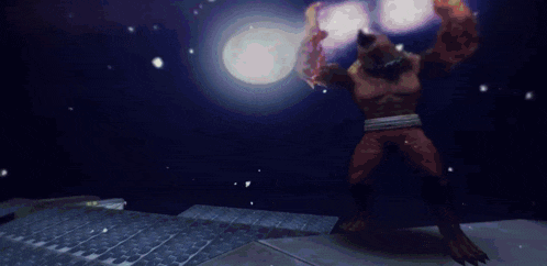 a werewolf is standing in a dark room with a purple light behind him