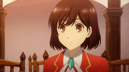 a girl in a red suit with a blue tie stands in front of a wooden fence