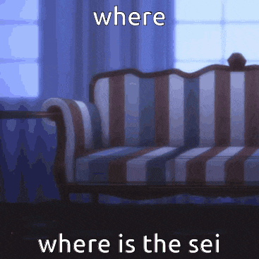 a striped couch with the words where is the sei on the bottom