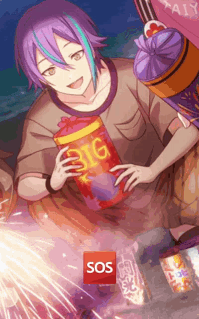 a boy with purple hair is holding a big firework