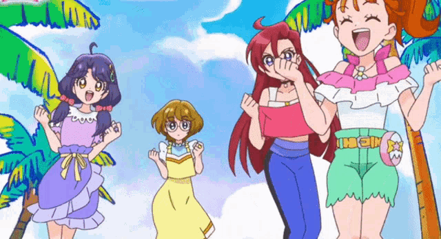 a group of girls are standing next to each other in a cartoon .