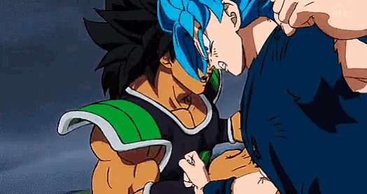 a couple of cartoon characters standing next to each other and fighting each other .