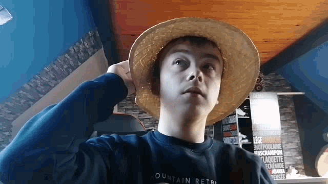 a boy wearing a straw hat and a mountain retro sweatshirt