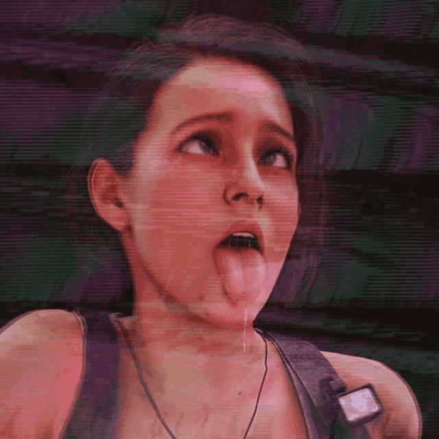 a woman sticking her tongue out with a purple background behind her