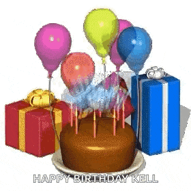 a birthday cake with candles and balloons surrounded by gifts and balloons .
