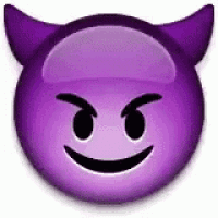 a purple devil emoji with horns and a smiling face on a white background .