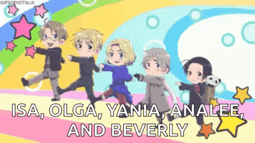 a group of anime characters are standing next to each other on a pink carpet .