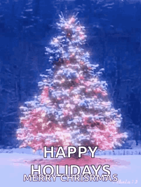 a pink christmas tree with the words happy holidays merry christmas on it