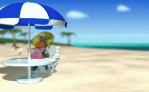 a blue and white striped umbrella is on the beach