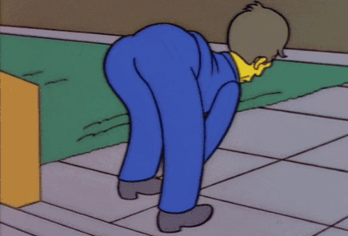 a cartoon of a man in blue pants is bending over