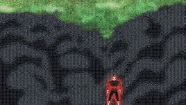 a close up of a cartoon character 's face with a red background and a white mask .