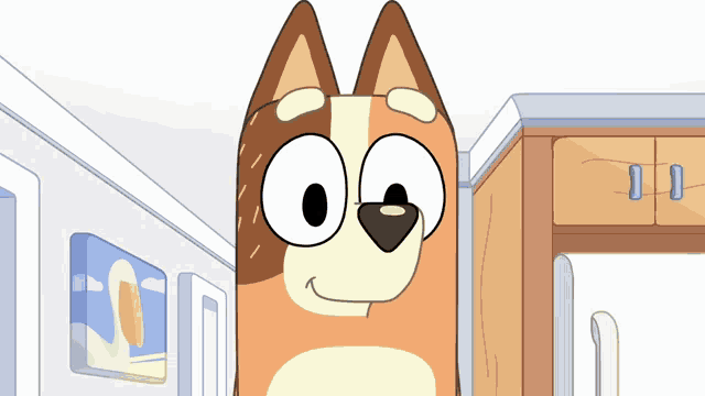 a cartoon dog is smiling in a hallway with a refrigerator in the background