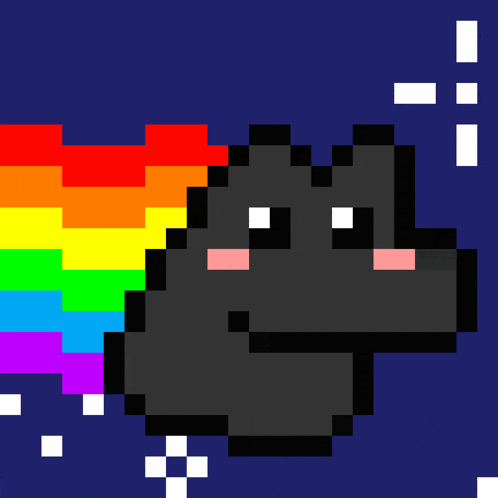 a pixel art of a black cat with a rainbow coming out of its nose