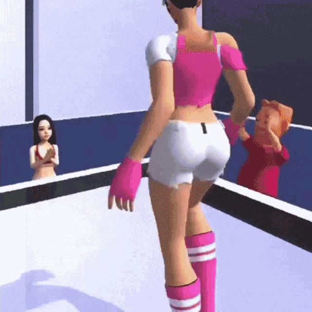 a girl in a pink top and white shorts is standing in a room