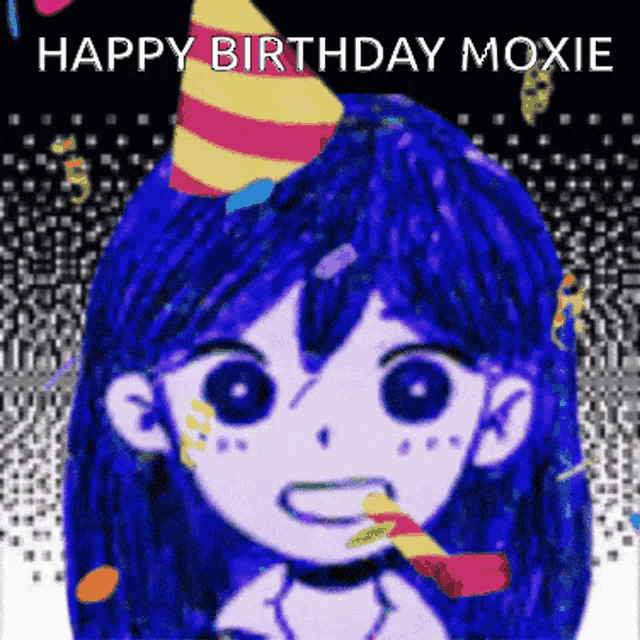 a cartoon of a girl wearing a party hat with the words happy birthday moxie below her