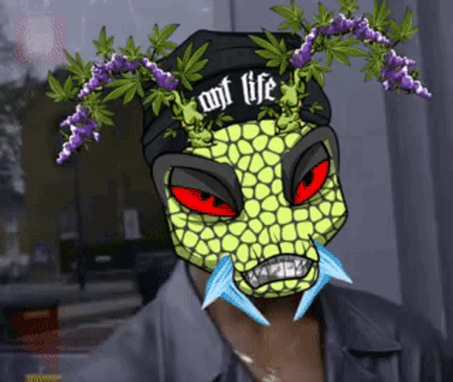 a person wearing a mask with purple flowers and a hat that says roof life