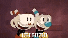 two cartoon characters are standing next to each other and the words uh huh are on the bottom of the image .