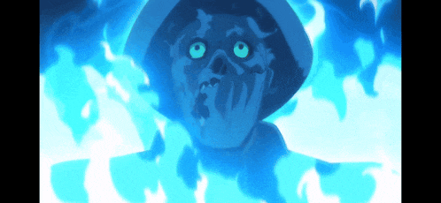 a cartoon drawing of a scarecrow with blue flames around him