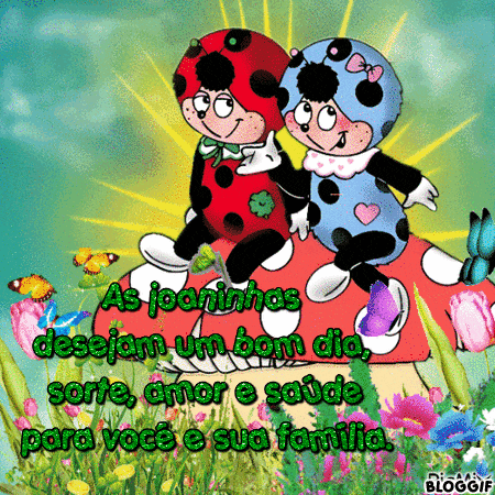 two ladybugs sitting on top of a mushroom with the words " asjoaninhas desejam um bom dia " below them