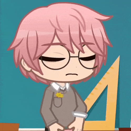 a boy with pink hair and glasses is standing in front of a chalkboard