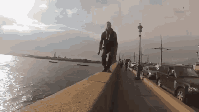 a man standing on a wall overlooking the water