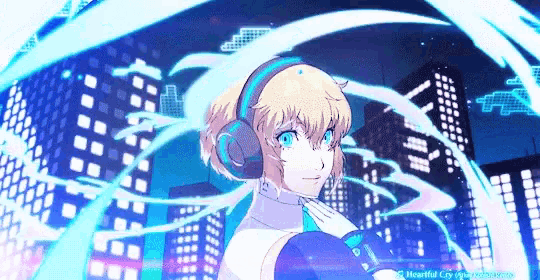 a girl is wearing headphones and standing in front of a city skyline .