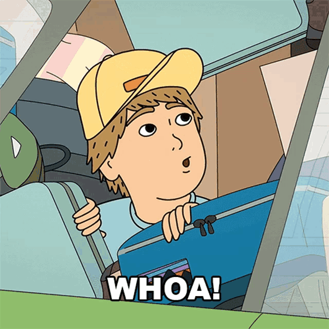 a cartoon of a man holding a blue suitcase with the words whoa written below him