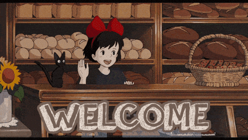 a cartoon of a girl and a black cat behind a table that says welcome
