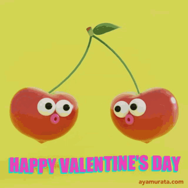 a valentine 's day card with two cherries kissing