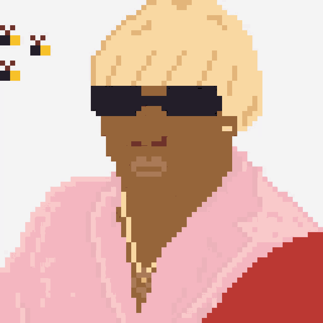 a pixel art drawing of a man wearing sunglasses and a pink sweater