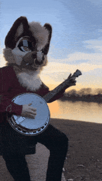 a furry character is playing a banjo in front of a lake