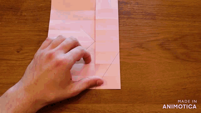 a person folding a piece of pink paper with the words made in animotica below