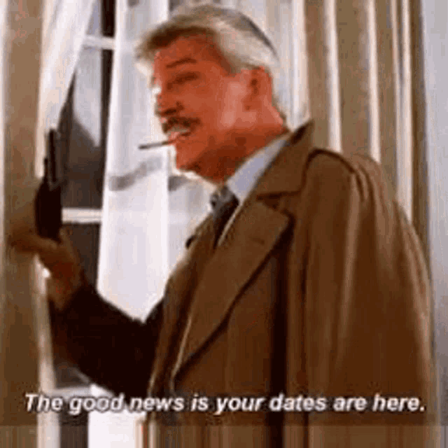 a man in a trench coat is smoking a cigarette and holding a gun .