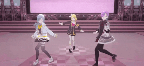 three anime girls are dancing on a checkered floor in a pink room .