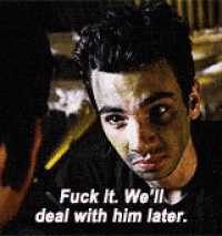 a man with a black eye is talking to another man and says " fuck it we 'll deal with him later "